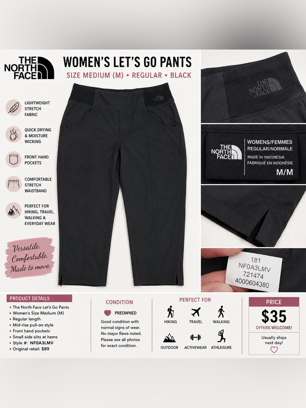 The North Face Women’s Let’s Go Pants Black Medium M Hiking Travel